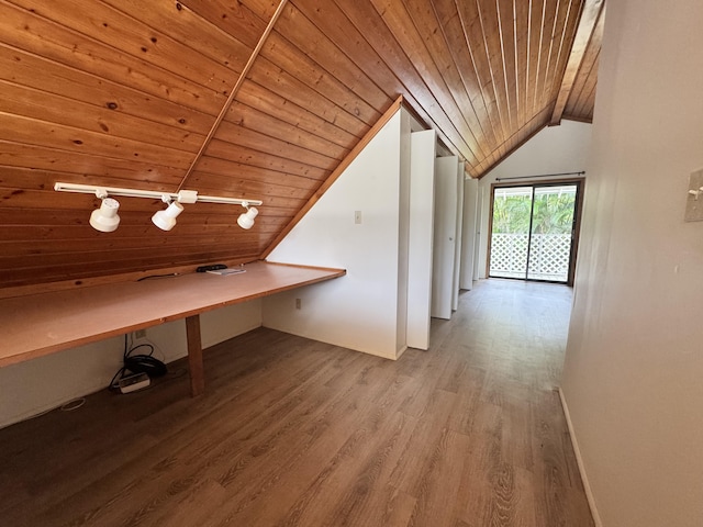 15-2015 12th Ave, Keaau, HI 96749 - unfurnished office with wooden ceiling, wood finished floors, lofted ceiling, and rail lighting
