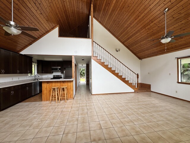 15-2015 12th Ave, Keaau, HI 96749 - kitchen featuring a ceiling fan, stainless steel appliances, high vaulted ceiling, wood ceiling, and open floor plan