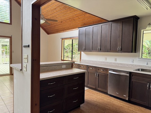 15-2015 12th Ave, Keaau, HI 96749 - kitchen featuring stainless steel dishwasher, lofted ceiling, light countertops, a sink, and dark brown cabinetry