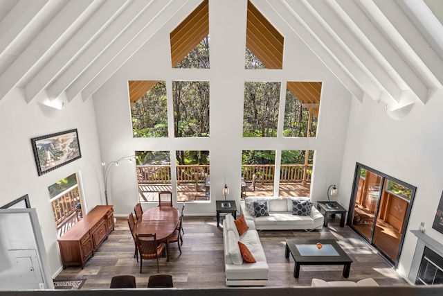 11-3827 5th St, Volcano, HI 96785 - living area featuring high vaulted ceiling, plenty of natural light, wood finished floors, beamed ceiling, and baseboards