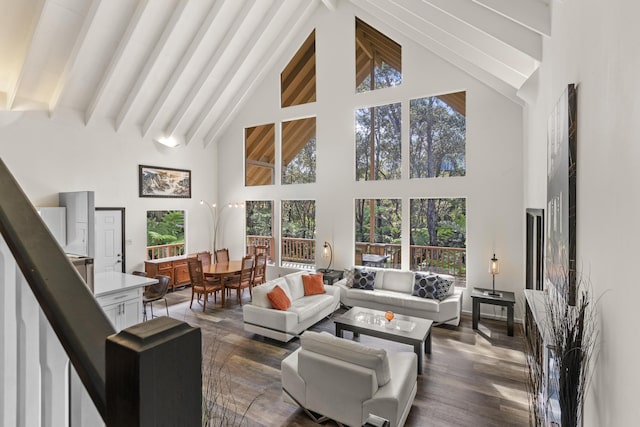 11-3827 5th St, Volcano, HI 96785 - living room featuring high vaulted ceiling, beamed ceiling, healthy amount of natural light, and dark wood-style flooring