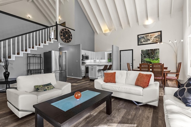 11-3827 5th St, Volcano, HI 96785 - living room featuring high vaulted ceiling, dark wood-style floors, and stairway