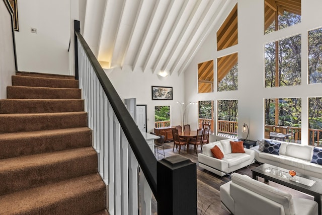 11-3827 5th St, Volcano, HI 96785 - stairs with high vaulted ceiling and wood finished floors