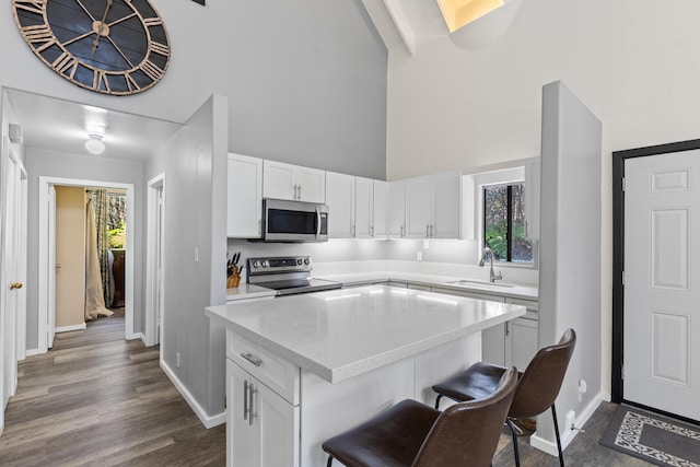 11-3827 5th St, Volcano, HI 96785 - kitchen with stainless steel microwave, electric stove, high vaulted ceiling, a sink, and a breakfast bar