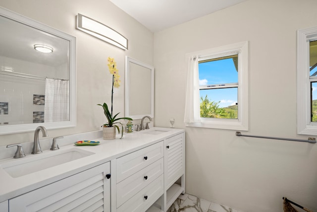 2640 Keoki Pl, Kalaheo, HI 96741 - full bath with double vanity, marble look tiles, and a shower with curtain
