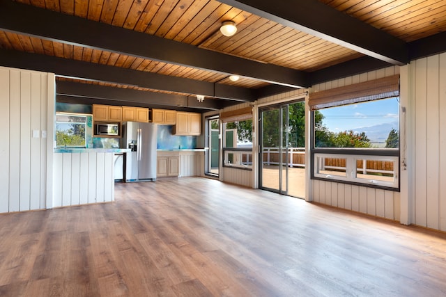 64-660 Puu Olu Pl, Kamuela, HI 96743 - unfurnished living room with light wood finished floors, plenty of natural light, a wooden ceiling with exposed beams, and wooden walls