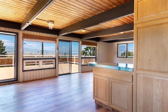 64-660 Puu Olu Pl, Kamuela, HI 96743 - kitchen featuring light brown cabinets, a wood ceiling with exposed beams, wood finished floors, and wood walls