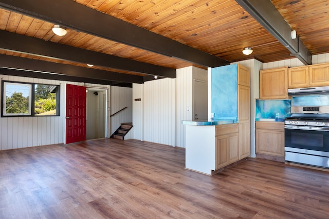 64-660 Puu Olu Pl, Kamuela, HI 96743 - kitchen featuring stainless steel gas range oven, under cabinet range hood, wood finished floors, light brown cabinets, and a wooden ceiling with exposed beams