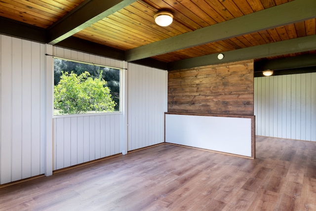 64-660 Puu Olu Pl, Kamuela, HI 96743 - unfurnished room with a wood ceiling with exposed beams, wood finished floors, and wooden walls