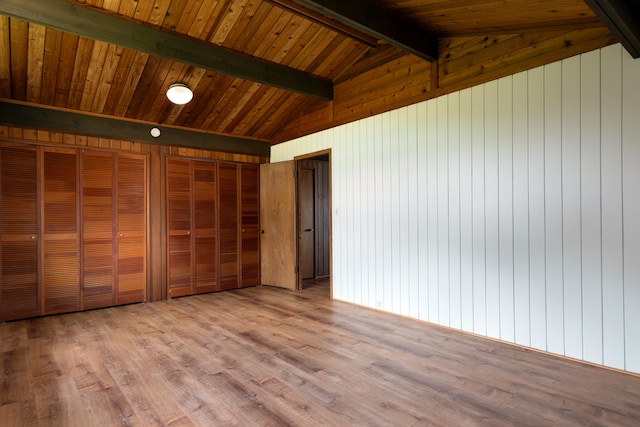 64-660 Puu Olu Pl, Kamuela, HI 96743 - unfurnished bedroom with wood walls, wood finished floors, wooden ceiling, and two closets