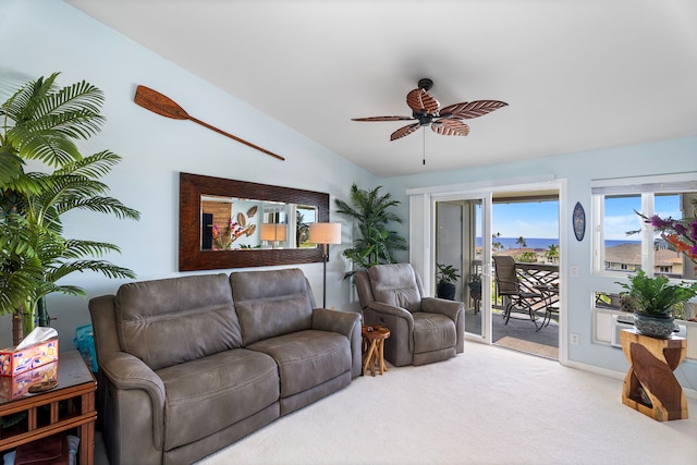 75-6009 Alii Dr Unit K22, Kailua-Kona, HI 96740 - carpeted living area featuring ceiling fan and vaulted ceiling