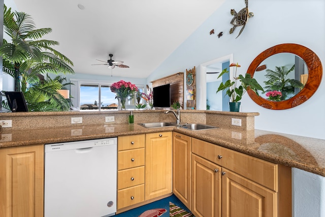 75-6009 Alii Dr Unit K22, Kailua-Kona, HI 96740 - kitchen with dishwasher, a sink, lofted ceiling, ceiling fan, and dark stone countertops
