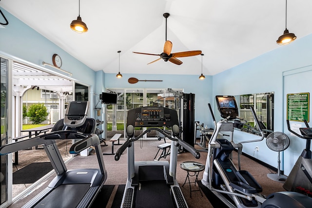 75-6009 Alii Dr Unit K22, Kailua-Kona, HI 96740 - gym with lofted ceiling, ceiling fan, and carpet flooring