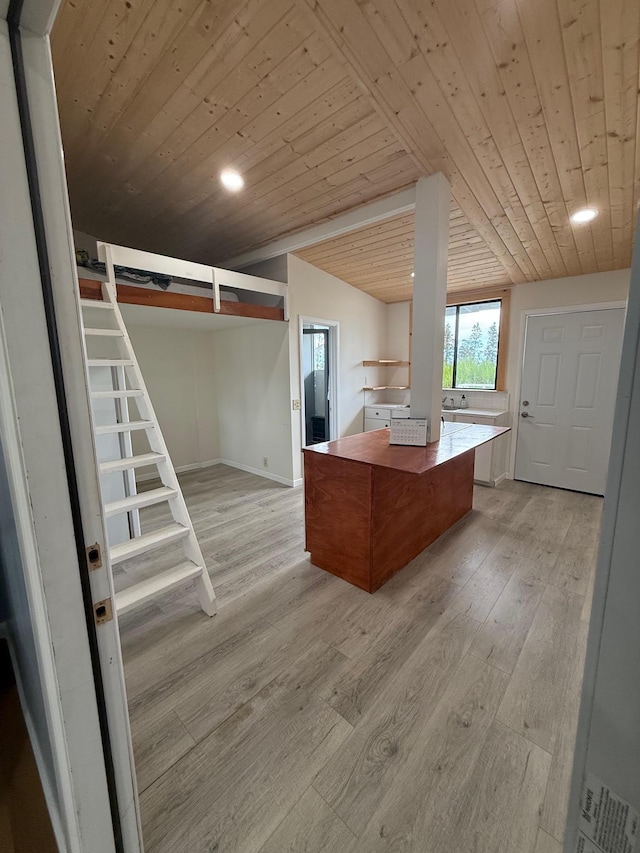 11-2828 Lehua St, Mountain View, HI 96771 - kitchen with wood ceiling, light wood-type flooring, open shelves, a kitchen island, and recessed lighting