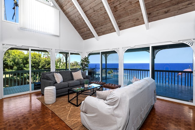 36-2333 Old Mamalahoa Hwy, Laupahoehoe, HI 96764 - sunroom / solarium with outdoor lounge area, high vaulted ceiling, wood ceiling with exposed beams, a water view, and plenty of natural light