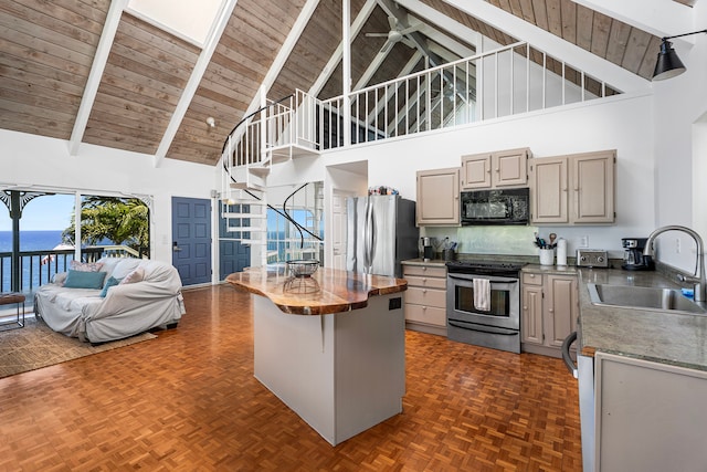 36-2333 Old Mamalahoa Hwy, Laupahoehoe, HI 96764 - kitchen with stainless steel appliances, a sink, high vaulted ceiling, wooden ceiling with exposed beams, and open floor plan