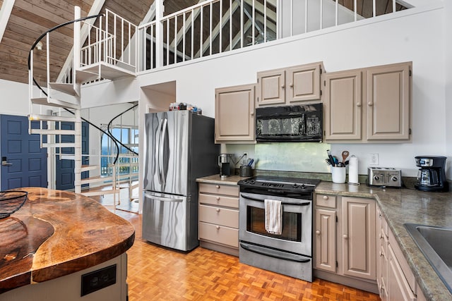 36-2333 Old Mamalahoa Hwy, Laupahoehoe, HI 96764 - kitchen featuring stainless steel appliances, a high ceiling, a sink, wood ceiling, and dark countertops