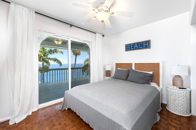 36-2333 Old Mamalahoa Hwy, Laupahoehoe, HI 96764 - bedroom featuring access to exterior, a water view, and a ceiling fan