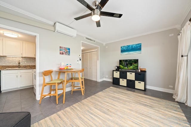 75-5719 Alii Dr Unit 321, Kailua-Kona, HI 96740 - dining room with a wall unit AC, ceiling fan, crown molding, and dark tile patterned flooring