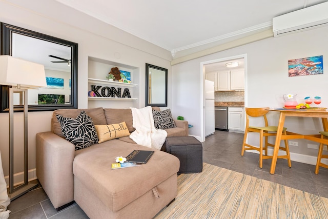 75-5719 Alii Dr Unit 321, Kailua-Kona, HI 96740 - tiled living room featuring an AC wall unit and crown molding