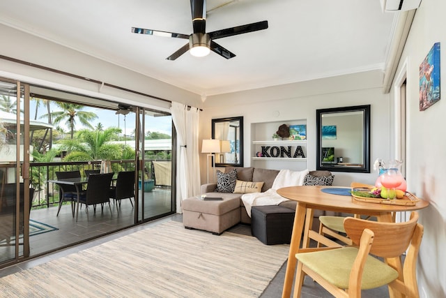 75-5719 Alii Dr Unit 321, Kailua-Kona, HI 96740 - living area with ceiling fan, crown molding, and built in features
