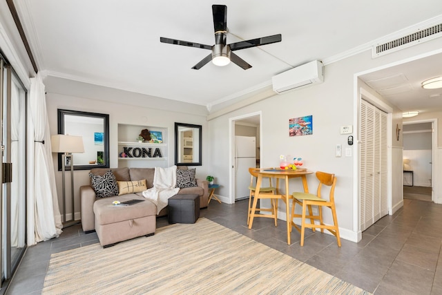 75-5719 Alii Dr Unit 321, Kailua-Kona, HI 96740 - living area with a wall unit AC, ceiling fan, crown molding, and tile patterned flooring