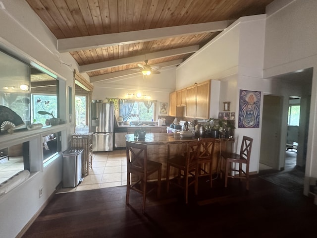 1370 Honoohala Pl, Kapaa, HI 96746 - kitchen featuring stainless steel fridge, a ceiling fan, tasteful backsplash, wood ceiling, and a peninsula