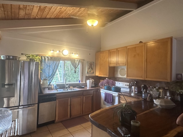 1370 Honoohala Pl, Kapaa, HI 96746 - kitchen featuring stainless steel appliances, light tile patterned floors, wooden ceiling, dark countertops, and a sink