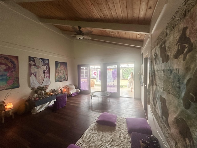 1370 Honoohala Pl, Kapaa, HI 96746 - living room featuring wooden ceiling, wood finished floors, and a ceiling fan