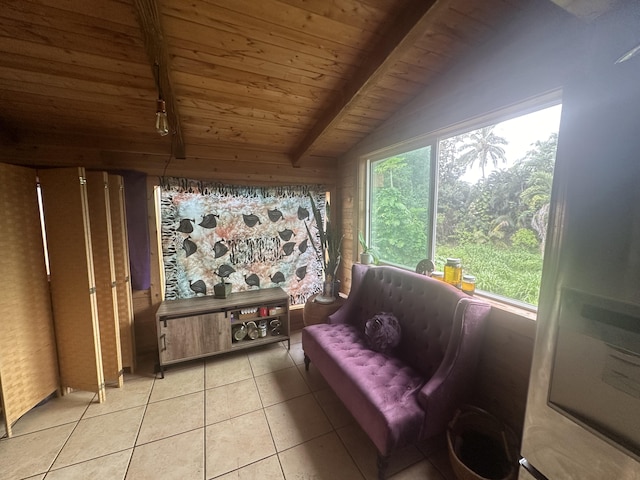 1370 Honoohala Pl, Kapaa, HI 96746 - living area featuring wood ceiling with exposed beams and light tile patterned flooring