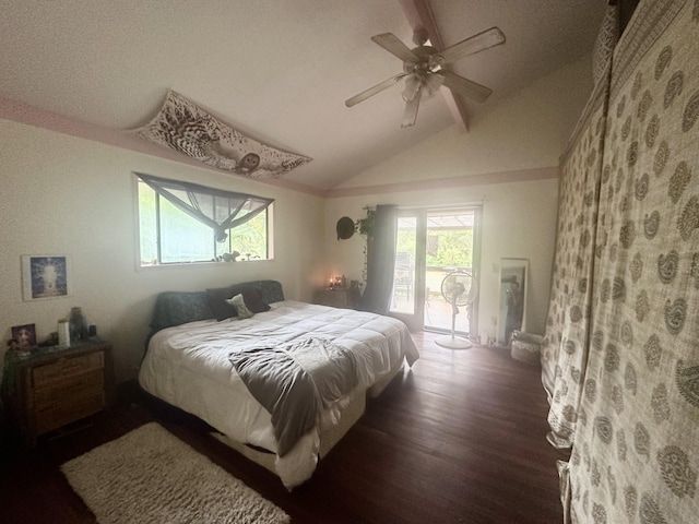 1370 Honoohala Pl, Kapaa, HI 96746 - bedroom with vaulted ceiling, dark wood finished floors, a ceiling fan, and access to outside