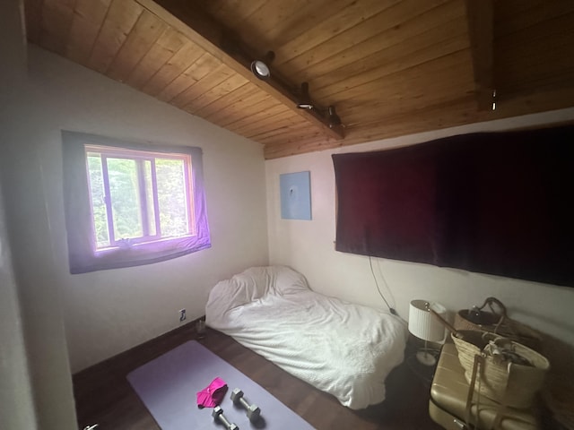 1370 Honoohala Pl, Kapaa, HI 96746 - bedroom with lofted ceiling, wood ceiling, electric panel, wood finished floors, and baseboards