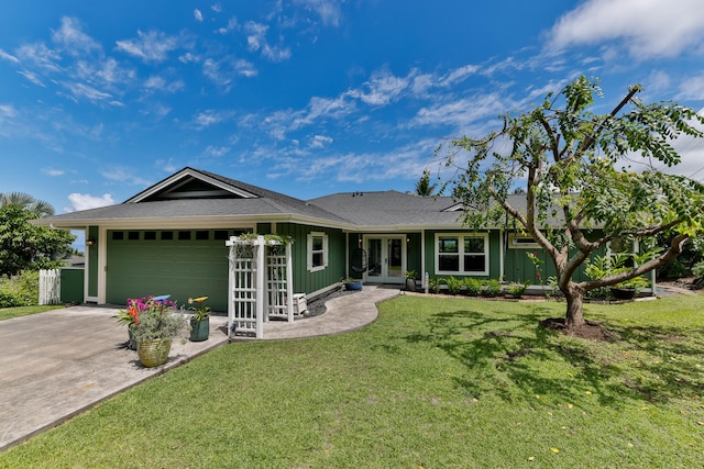 75-679 Kuahiwi Pl, Kailua-Kona, HI 96740 - single story home featuring french doors, board and batten siding, a garage, driveway, and a front yard