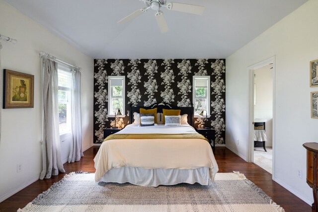 75-679 Kuahiwi Pl, Kailua-Kona, HI 96740 - bedroom with dark wood-style flooring, a ceiling fan, and vaulted ceiling