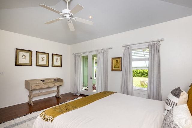 75-679 Kuahiwi Pl, Kailua-Kona, HI 96740 - bedroom featuring access to outside, wood finished floors, lofted ceiling, and a ceiling fan