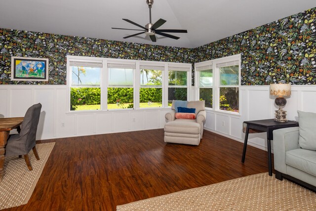 75-679 Kuahiwi Pl, Kailua-Kona, HI 96740 - home office with wallpapered walls, wood finished floors, ceiling fan, a decorative wall, and wainscoting