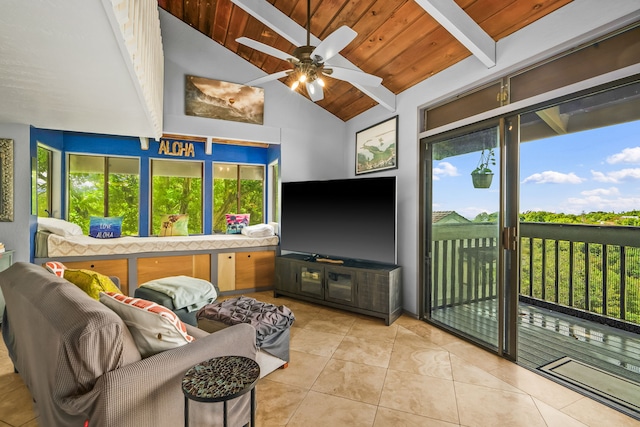 4460 Ikena Pl Unit 54, Kalaheo, HI 96741 - tiled living room featuring healthy amount of natural light, ceiling fan, and wood ceiling