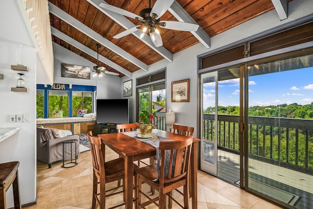 4460 Ikena Pl Unit 54, Kalaheo, HI 96741 - dining space with wood ceiling, a ceiling fan, plenty of natural light, and light tile patterned flooring