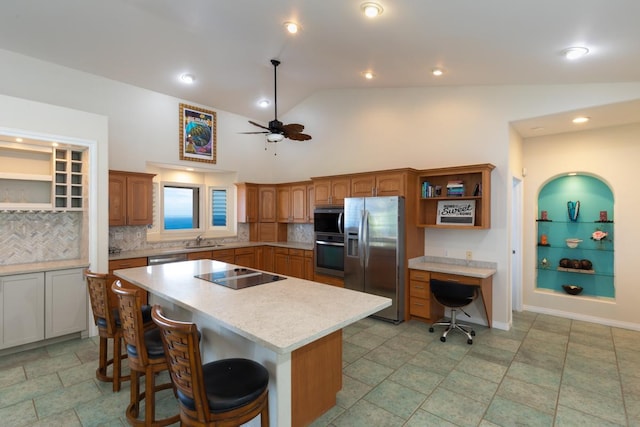 76-987 Aeo St, Kailua-Kona, HI 96740 - kitchen with appliances with stainless steel finishes, open shelves, light countertops, backsplash, and ceiling fan