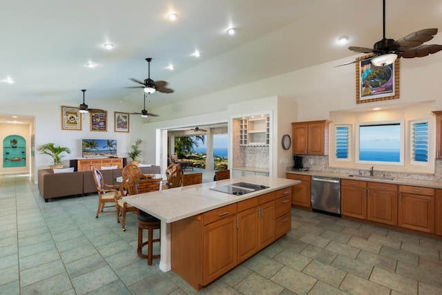 76-987 Aeo St, Kailua-Kona, HI 96740 - kitchen with stainless steel dishwasher, ceiling fan, decorative backsplash, black electric stovetop, and a center island