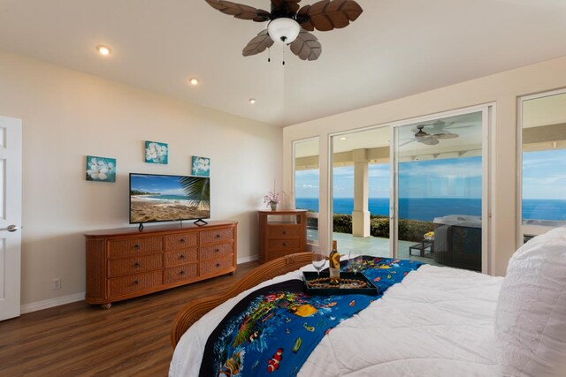 76-987 Aeo St, Kailua-Kona, HI 96740 - bedroom featuring wood finished floors, baseboards, access to outside, a ceiling fan, and recessed lighting
