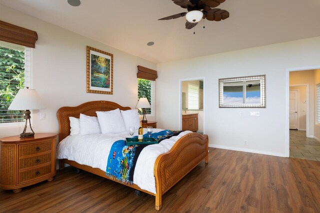 76-987 Aeo St, Kailua-Kona, HI 96740 - bedroom featuring wood finished floors, baseboards, ensuite bath, and ceiling fan