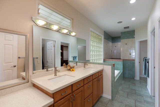 76-987 Aeo St, Kailua-Kona, HI 96740 - bathroom with double vanity, a bath, recessed lighting, and a tile shower