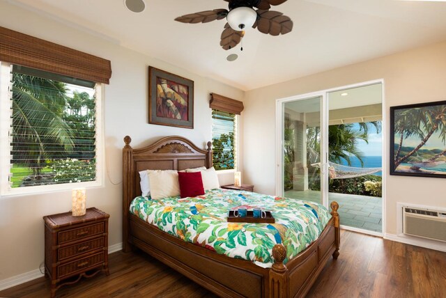 76-987 Aeo St, Kailua-Kona, HI 96740 - bedroom with access to outside, a wall unit AC, baseboards, and wood finished floors