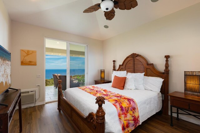 76-987 Aeo St, Kailua-Kona, HI 96740 - bedroom with access to outside, wood finished floors, a wall unit AC, vaulted ceiling, and a ceiling fan