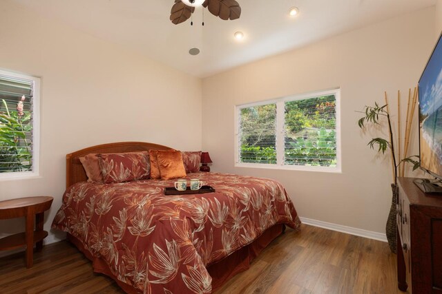 76-987 Aeo St, Kailua-Kona, HI 96740 - bedroom with wood finished floors, baseboards, and a ceiling fan