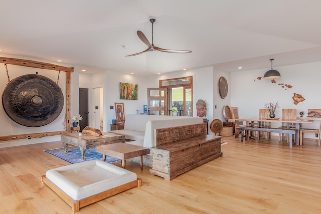 75-650 Halewili Pl, Kailua-Kona, HI 96725 - living room featuring light wood finished floors, a ceiling fan, recessed lighting, and vaulted ceiling