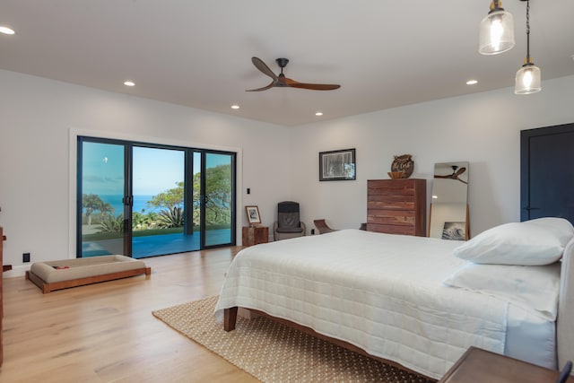 75-650 Halewili Pl, Kailua-Kona, HI 96725 - bedroom featuring access to outside, light wood-style flooring, recessed lighting, and a ceiling fan