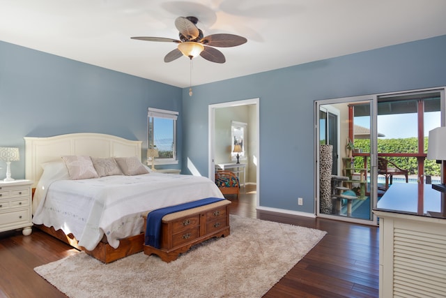 75-5614-R Hienaloli Rd, Kailua-Kona, HI 96740 - bedroom with access to exterior, dark wood-style floors, and ceiling fan