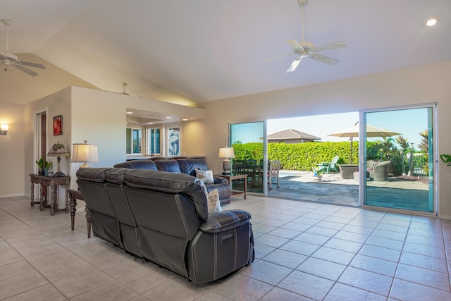 75-5614-R Hienaloli Rd, Kailua-Kona, HI 96740 - living area with a ceiling fan, vaulted ceiling, light tile patterned floors, and recessed lighting